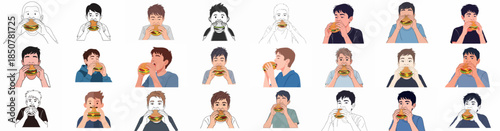 Collection of vector illustrations showing young men and boys eagerly biting into large cheeseburgers in various cartoon styles, isolated on white.