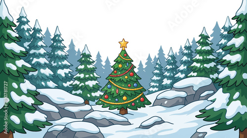 massive decorated Christmas tree stands in a snowy mountain valley, surrounded by pine forests, glowing ornaments, and winter light, creating a majestic and peaceful holiday landscape