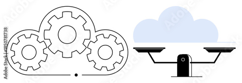 Cloud computing, digital optimization, tech balance, automation, data management, innovation. Gears inside a cloud shape next to a scale symbol. Cloud computing and digital optimization concept