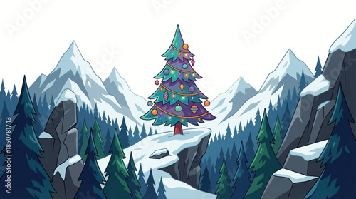 decorated Christmas tree stands in a snowy mountain valley, surrounded by pine forests, glowing ornaments, and winter light, creating a majestic and peaceful holiday landscape
