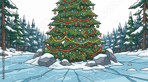 decorated Christmas tree stands in a quiet forest landscape at winter , blending festive lights with sand, stars, and surreal holiday contrast