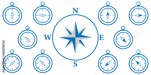Compass icon set for direction and navigation. Vector illustration of magnetic compasses in outline, solid. Vintage compass rose illustration with cardinal directions. Compass icon for mobile apps set