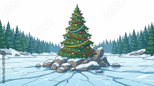 decorated Christmas tree stands in a quiet forest landscape at winter , blending festive lights with sand, stars, and surreal holiday contrast