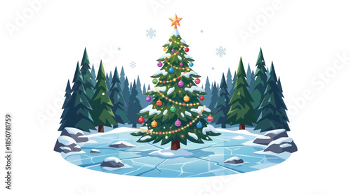 decorated Christmas tree stands in a quiet forest landscape at winter , blending festive lights with sand, stars, and surreal holiday contrast