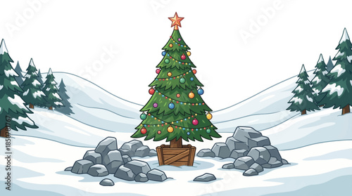 massive decorated Christmas tree stands in a snowy mountain valley, surrounded by pine forests, glowing ornaments, and winter light, creating a majestic and peaceful holiday landscape