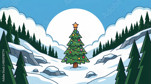 massive decorated Christmas tree stands in a snowy mountain valley, surrounded by pine forests, glowing ornaments, and winter light, creating a majestic and peaceful holiday landscape