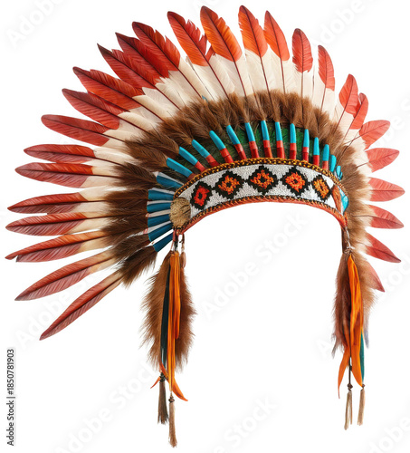 Elaborate and traditionally crafted Native American war bonnet constructed from layered brown and reddish-brown feathers, adorned with intricate geometric, isolated on transparent background.