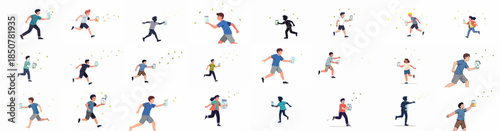 Set of vector illustrations depicting children and young adults running and catching glowing fireflies in jars, celebrating summer fun and nature exploration.