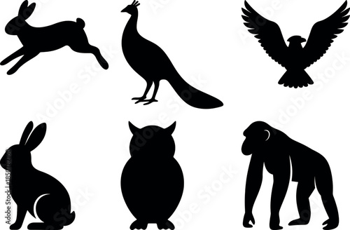 Assorted animal and bird silhouettes with jumping rabbit, peacock, flying eagle, sitting bunny, owl, and gorilla.