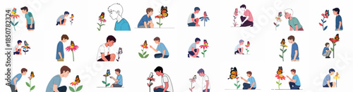 A collection of vector illustrations showing young boys observing butterflies on flowers, symbolizing nature connection, curiosity, and outdoor discovery.