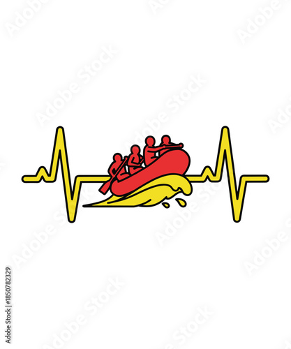 Rafting Team Raft White Water Rafter Paddle Heartbeat Graphic Design. 
