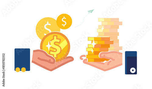 Golden dollar coins in the hands of businessmen. Financial contribution, loan. Business, people take a loan from the bank. Deposit, contract, wealth. Get a high paying job, poster. Vector illustration