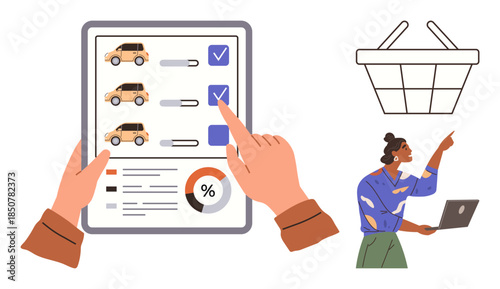 Hand ticking boxes on vehicle selection form, basket icon above, and woman with laptop pointing at list. Ideal for e-commerce, car shopping, decisions, analytics, technology, planning simple flat