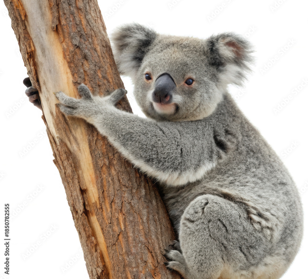 Naklejka premium Adorable fluffy grey koala with soft fur and a gentle expression clings to a rough textured eucalyptus tree trunk, looking directly at the viewer with curious, isolated on transparent background.