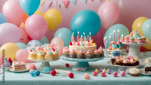 Colorful Dessert Table With Cupcakes and Balloons for a Birthday Celebration at a Party Setting in the Afternoon