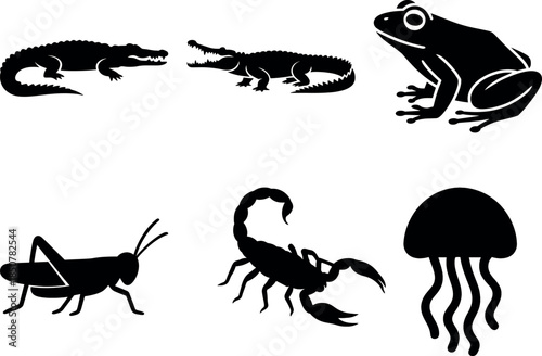 Vector silhouettes of reptiles and invertebrates including crocodiles, frog, grasshopper, scorpion, and jellyfish.