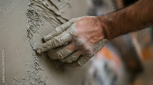 A hand smothers a wall with clay, fingers pressed against the surface, adding texture. The motion is fluid, creating a tactile and immersive artistic experience.