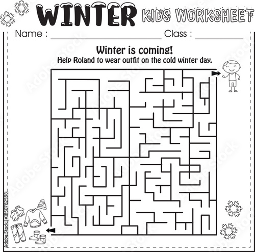 Winter kids worksheet : Maze puzzle to help Roland get dressed for winter