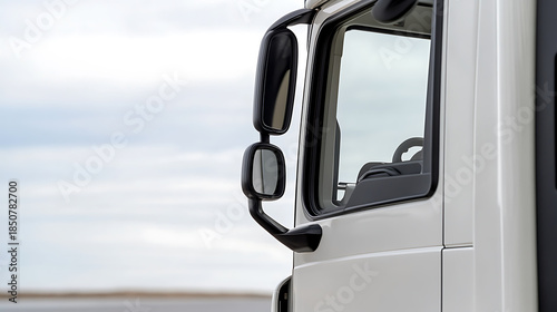 Truck detail shows side mirror & partially visible interior, set against a soft sky. Sleek white exterior, functional design embodies transportation & logistics.