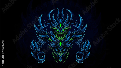 Vibrant blue and green dragon head with sharp horns and glowing eyes
