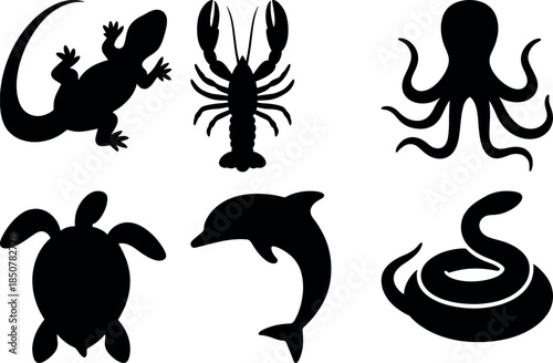 Marine and reptile silhouettes including octopus, dolphin, sea turtle, lobster, lizard, and coiled snake in black vector.