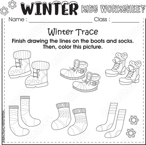 Winter worksheet for kids learning : Trace and color the boots and socks.