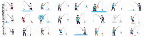 Set of vector characters fishing. Various styles showing young men catching fish with fishing rods as an outdoor hobby and summer activity.