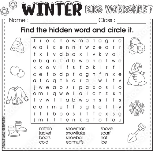 Winter worksheet for kids learning : Find the hidden words.