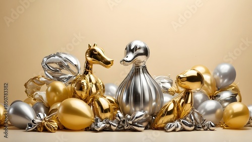 Decorative Ducks and Balloons on a Light Background in a Festive Setting During a Celebration or Event