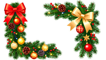 Two festive christmas corner garland borders for holiday design isolated on transparent background