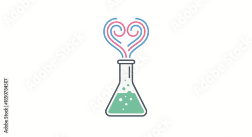 Science of Love. Chemical Flask Experiment Generating a Heart Shape from Red and Blue Swirls, Representing Emotion.