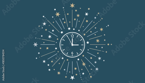 New year clock glowing at midnight with stars snow and festive winter sky illustration