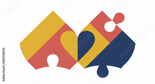 Abstract graphic of two colorful puzzle pieces joined, symbolizing connection, teamwork, problem-solving, unity, and integration.