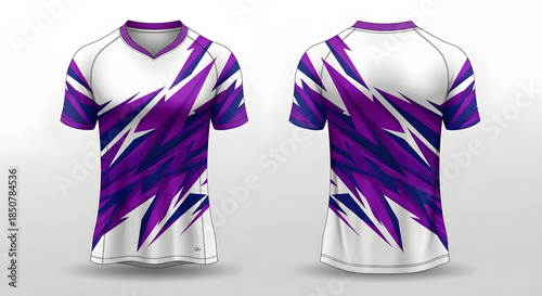 Vibrant athletic esports jersey design template featuring abstract purple lightning patterns for team apparel