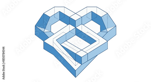 Blue impossible heart shape with intertwined geometric lines creating an optical illusion. Abstract 3D paradox concept design.