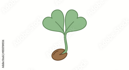 Simple cartoon illustration of a green seedling with two heart-shaped leaves emerging from a brown seed, symbolizing growth and new life.