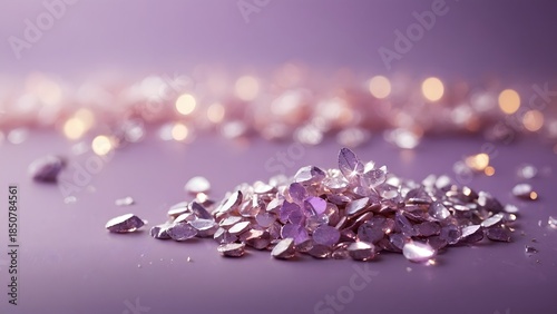 Abstract macro shot of shimmering purple metallic particles and crystals with a soft bokeh effect