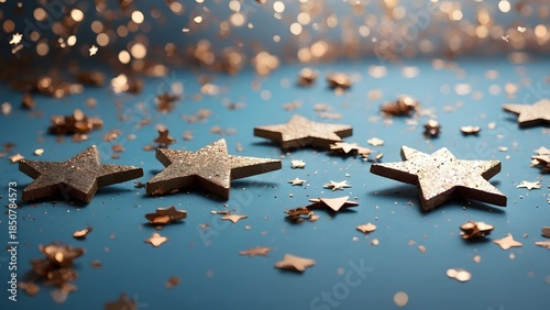 Sparkling Stars and Shiny Confetti Create a Festive Scene on a Blue Background During a Celebration Event