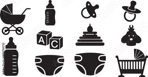 Baby care and infancy icons set