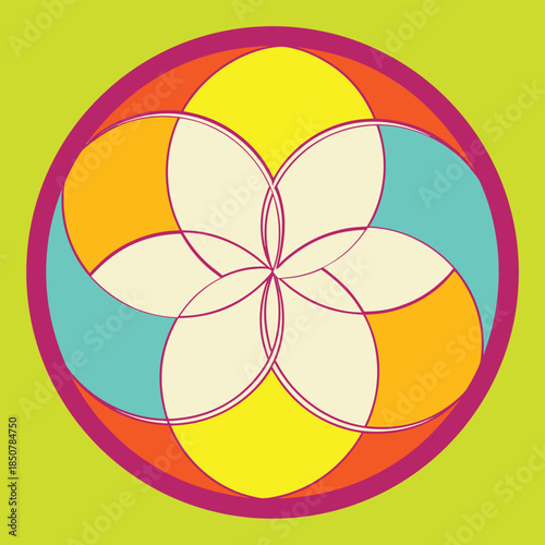 Illustration of colorful abstract flower of life symbol in a circle