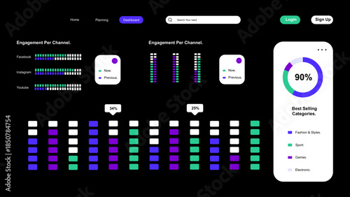 Dark Mode Analytics Dashboard UI for Engagement Tracking