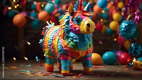 A vivid, multi-colored unicorn piñata takes center stage amidst festive party decorations, symbolizing fun, celebration, and the joyous spirit of a memorable event