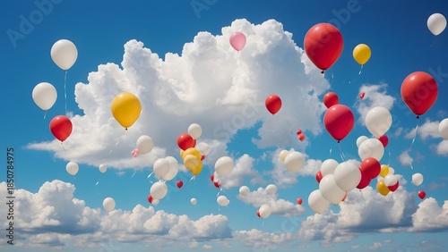 A whimsical collection of red, white, and yellow balloons floating joyfully amidst a bright blue sky with fluffy white clouds, creating a festive and uplifting atmosphere