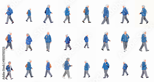 Active senior women walking animation sprites set. Vector illustrations of elderly female characters exercising or traveling with backpacks on a white background.