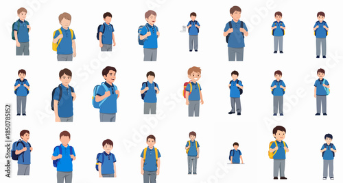 Collection of various cartoon vector illustrations featuring young elementary school boys wearing backpacks and blue uniforms, standing happily for back to school and education concepts.
