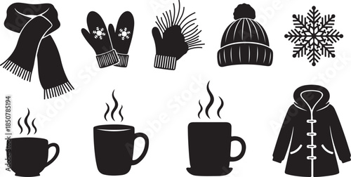 Winter icons set cozy warm beverages and apparel