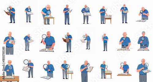 Senior Male Philatelist Collection Set: Elderly Men Examining Stamp Albums with Magnifying Glass in Various Poses.