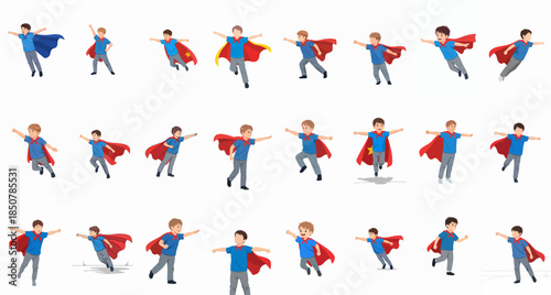 Vector set of cartoon boys playing superhero, flying, running, and posing with colorful capes, symbolizing childhood, dreams, and imagination on white background.