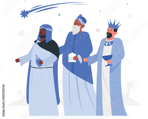 Three wise men in blue robes looking up at a star magi kings desig