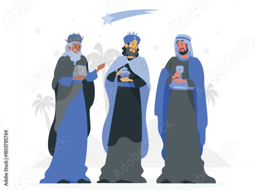 Three wise men in robes with gifts magi kings desig